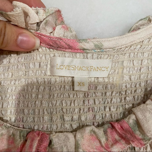 LoveShackFancy Violet Ruched Pink Floral Silk Mini Dress with Puff Sleeves - Picture 9 of 14